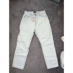 Misguided white straight pants, brown stitching, size US 8